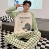 Casual Men Spring Autumn Nightwear Knitted Cotton Pajamas Set Long Sleeved Long Pants Fashion Elegant Mens Leisure