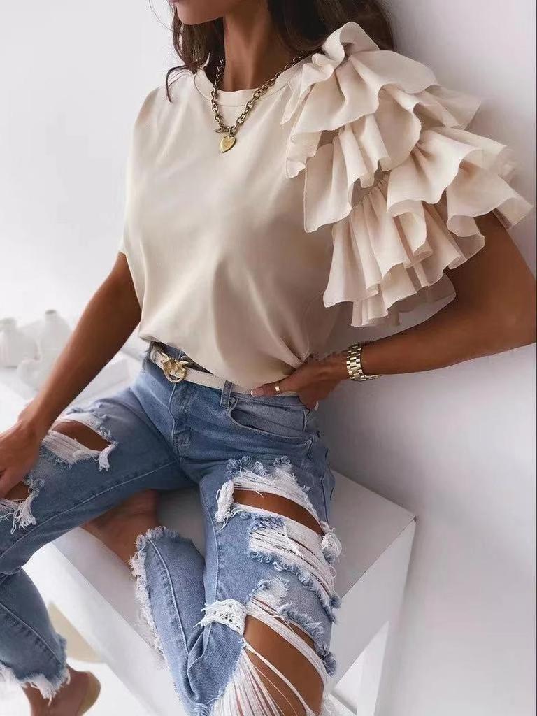 T-shirt estiva nuova stile, semplice, alla moda, a maniche corte con volant