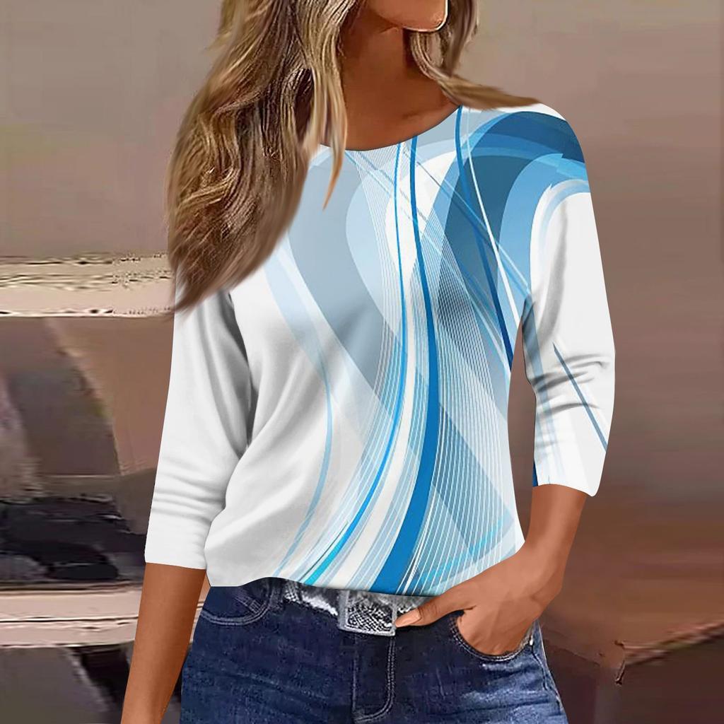 Women's Fashion Casual Round Neck 3/4 Sleeve Loose Printed T-Shirt Ladies Top