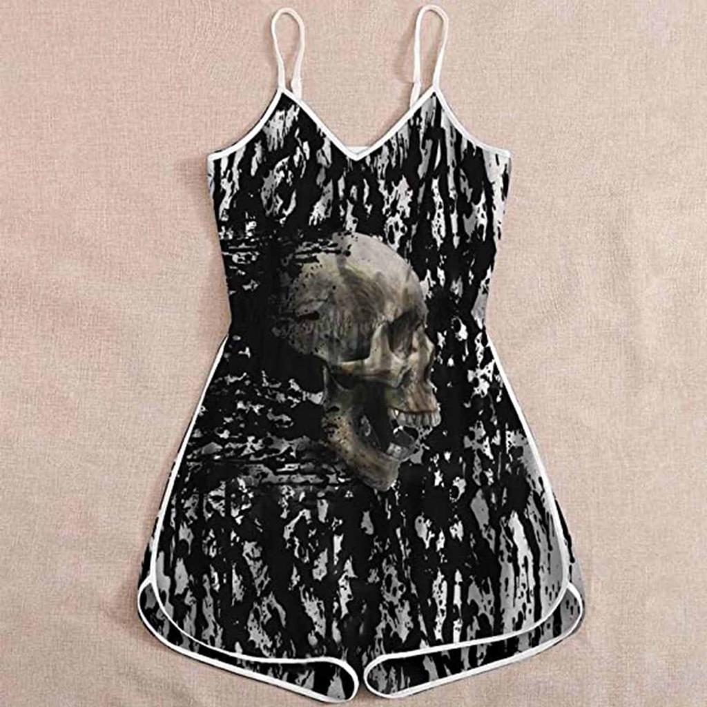 Wish Halloween print lady skull suspender jumpsuit