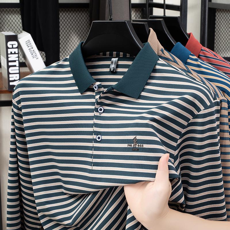 Men's Long Sleeve T-Shirt Striped Wrinkle-Resistant Autumn Business Trendy Lapel Collar Polo Shirt