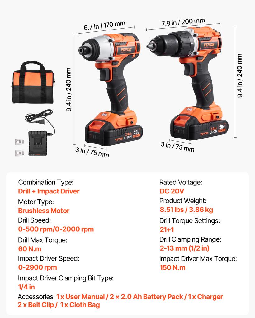 SucceBuy Tool Combo Kit Cordless 2-Tool Combo Kit Cordless Power Tool Combo Kit  Screws One Charger and One Cloth Bag