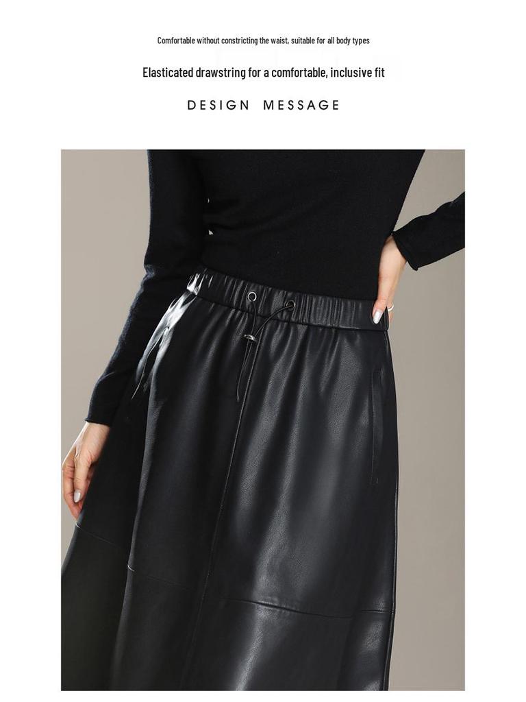 High-Waisted Genuine Leather Midi Skirt for Women - Autumn/Winter 2025 Collection with Elastic Hem