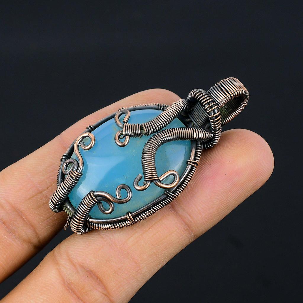 Blauer Chalcedon 999 Kupferdraht umwickelter Anhänger, Handgefertigter Edelsteinanhänger Schmuck, Geschenke für Ehefrau Brandneuer Anhänger