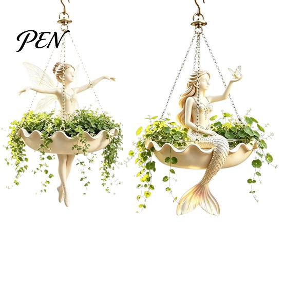 Decorative Succulents Holder for Balcony Ballet Dancer & Mermaid Hanging Planter, Resin Shell-Shaped Flower Pot with Metal Chains, Stylish Decor Patio