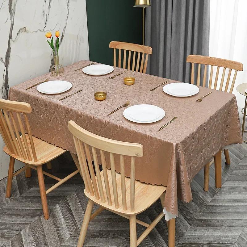 European Style PU Tablecloth, No Wash Restaurant Household Rectangular Waterproof Dining Table Fabric Jacquard Round Table Mat