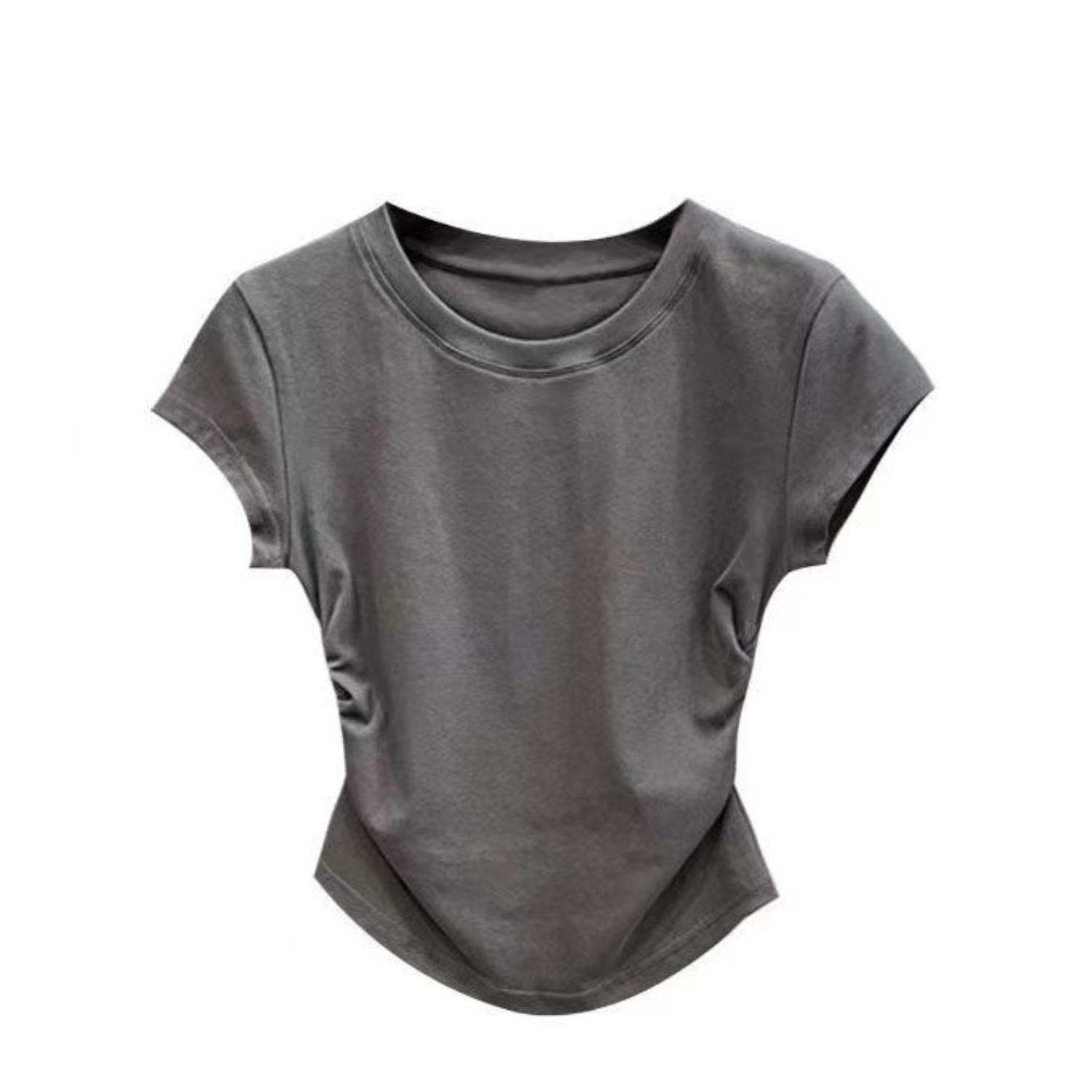 Women s Crew Neck Short Sleeve Fitted Tunic Top Solid Color Casual Summer Tee S темно-серого