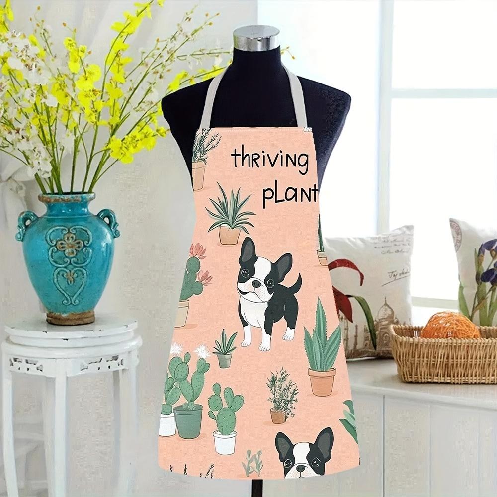1pc Cute Boston Terrier Dog And Plants Pattern Kitchen Apron For Women Gardening Cooking Baking BBQ Linen Fabric Unisex