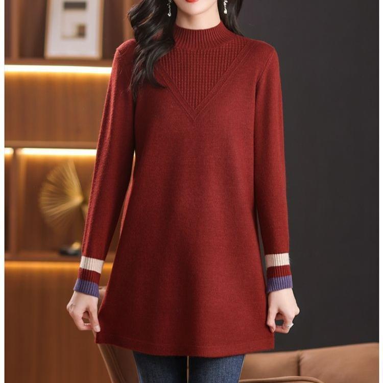 Mid-length Knitted Sweater Women's Fashion Solid Color Loose Large-sized Sweater Autumn and Winter Casual Half Turtleneck Pullover