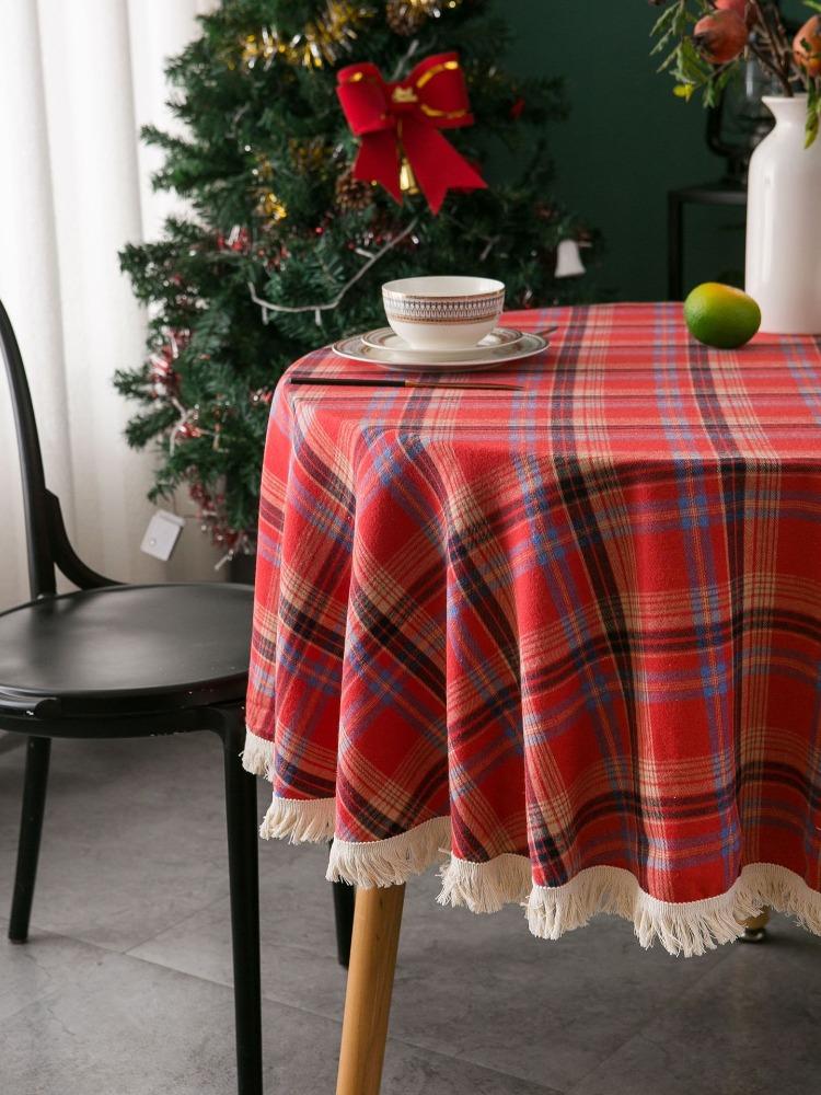 Tablecloth Plaid Christmas Day Table Cloth American Cloth, Round Tassel Suitable for Holiday Dining Rooms, Living Rooms, Family Gatherings