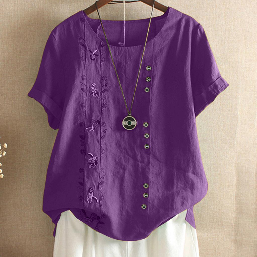 Women's Fashion  Color Loose Casual Round Neck Cotton Linen Top