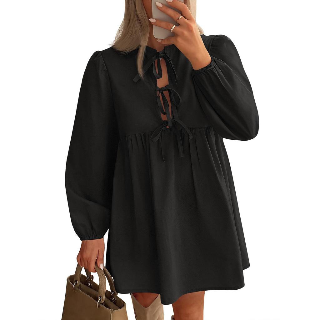 Women's Casual Fashion Lace-up A-line Pleated Long-sleeved Solid Color Short Dress