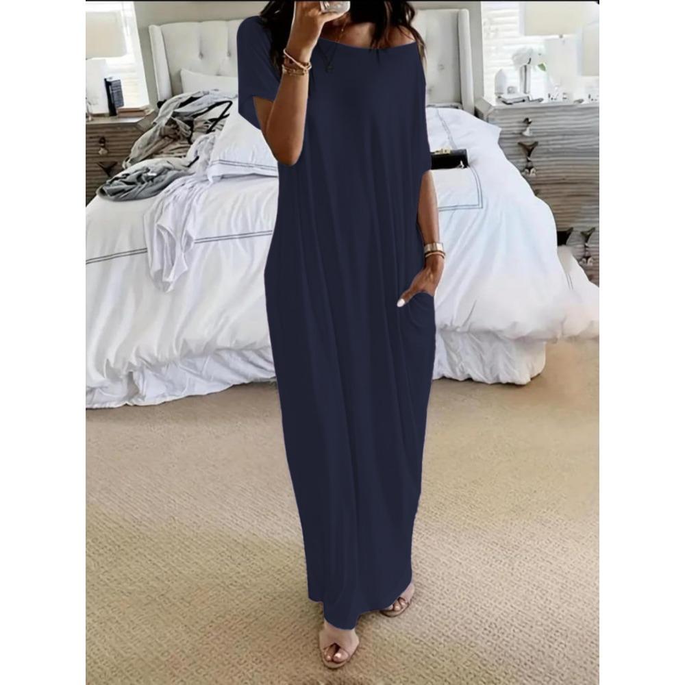 

Summer Women s Solid Color Short Sleeve Long Casual Dress XXXL темно-синього кольору