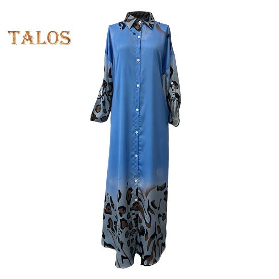 Lady Spring Maxi Dress Lapel Leopard Print Long Sleeves with Cufflink Loose Single-breasted Vintage High Waist Casual Daily Dress