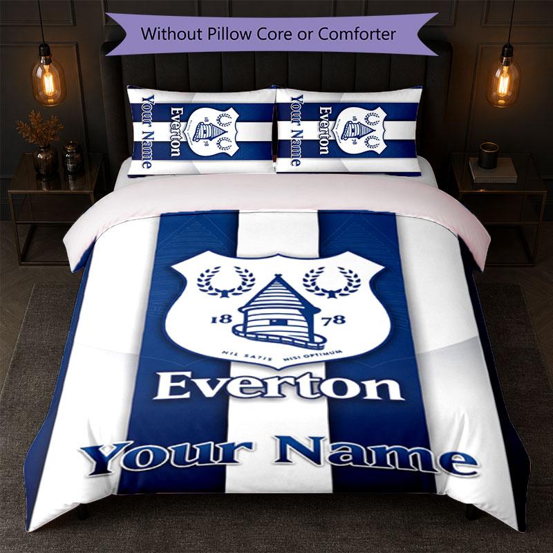 Everton FC Benutzerdefinierter Name Text Bettwäsche-Set 1 Bettbezug + 2 Kissenbezüge Fußball-Logo Personalisierte Geschenk für besonderen Anlass Schlafzimmer Dekor