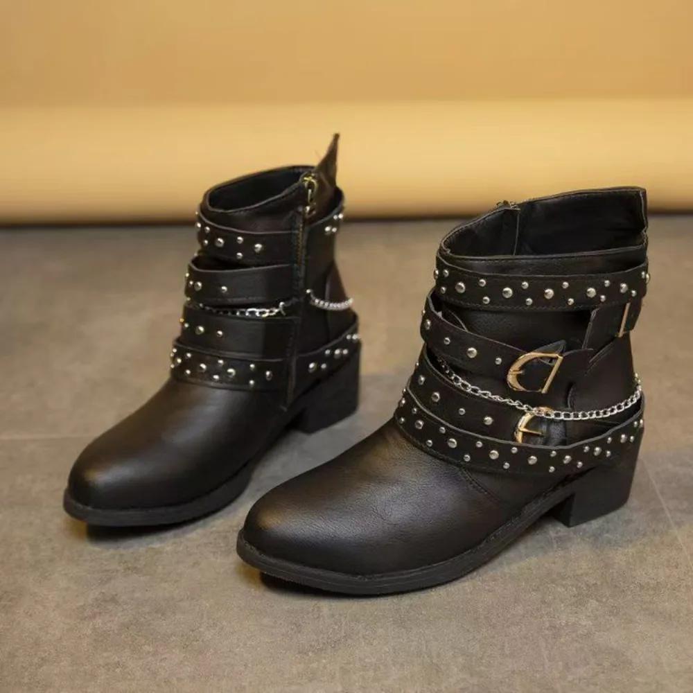 Ankle Boots for Women Belt Buckle Low Heel Short Boots Women's Shoes Retro Style Rivet Pointed Women's Boots Trendy Ladies Shoe
