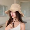 Women Floral Crochet Bucket Hat Ruffle Wide Brim Sun Hat with Chin Strap Breathable Hollow Knit Fisherman Cap for Outdoor Travel Sun Protection