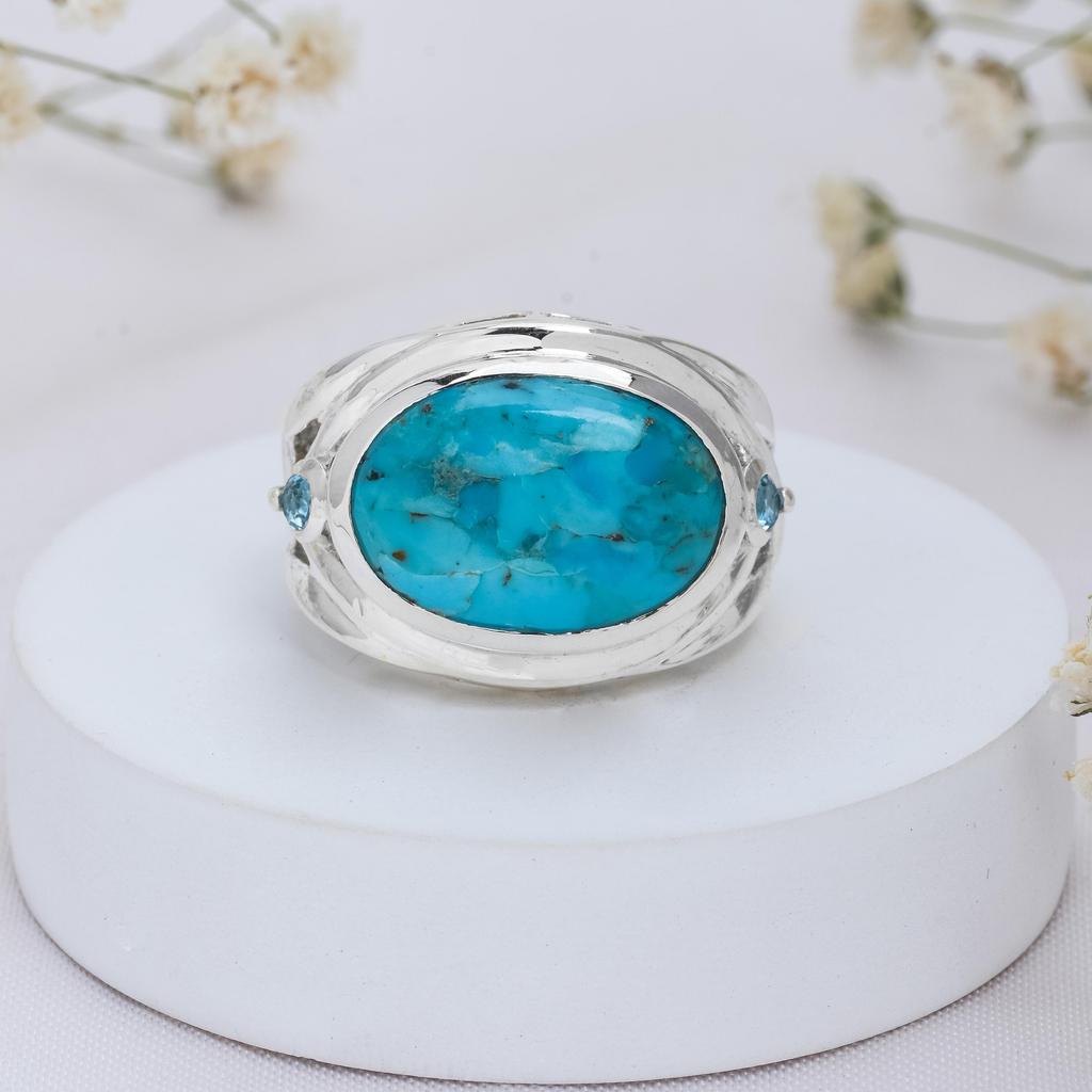 Sterling Silver Turquoise Ring - Oval Blue Gemstone Ring with Geometric Cut-Out Band and Blue Topaz Accent - Southwestern Statement Jewelry