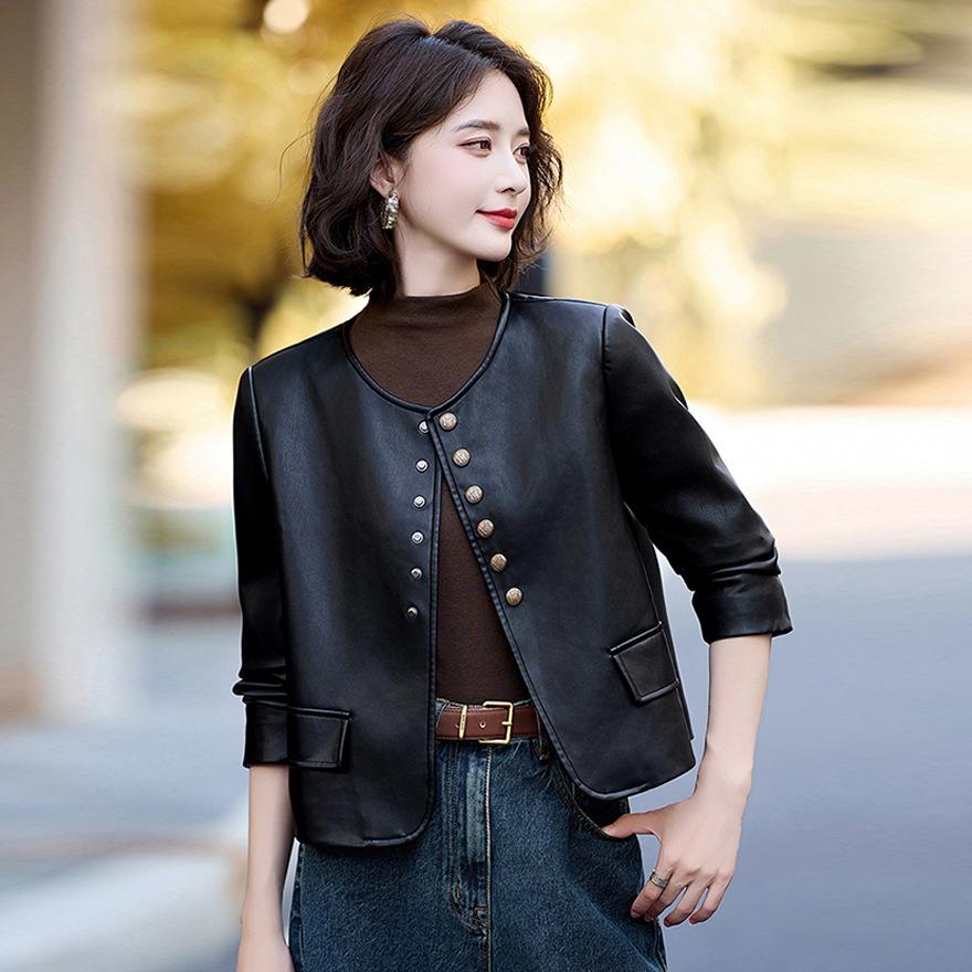 Retro Leather Jacket Short Coat Women's Autumn New Round Neck Loose and Thin Versatile Motorcycle Leather Jacket