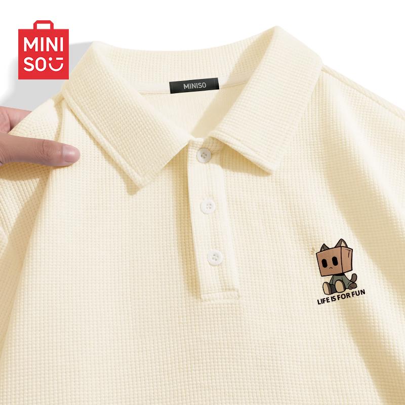 MINISO Men's Waffle Polo Shirt with Cat Chest Badge