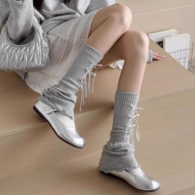 Middle Length Cotton Leg Warmers Decorative Bows Detail Leg Sleeve Socks For Winter Sports And Indoor Comfort