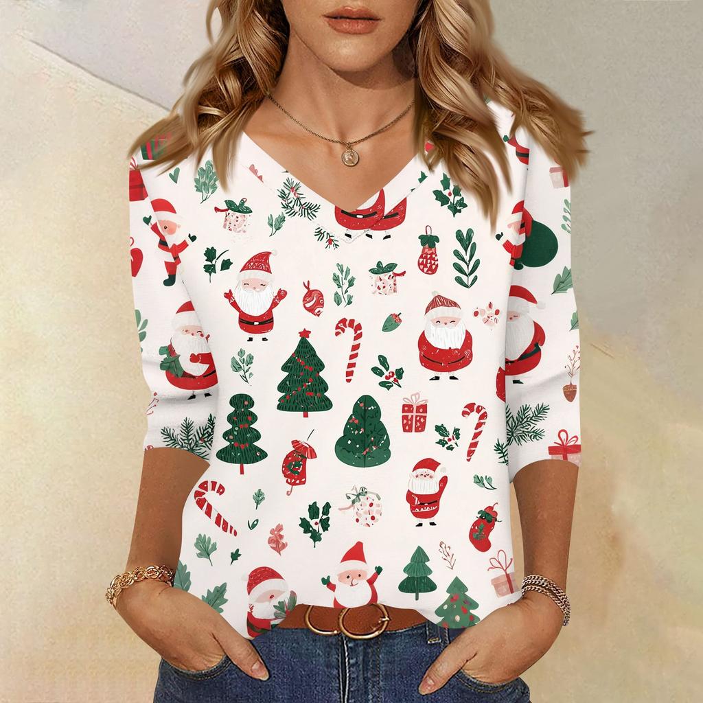 Women's T Shirt CHristmas Print 3/4 Sleeve Daily Weekend Fashion Basic V- Neck Regular Top