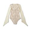 Pure Desire V-Neck Lace Patchwork Bodysuit with Bell Sleeves & High Waist Mesh Jumpsuit