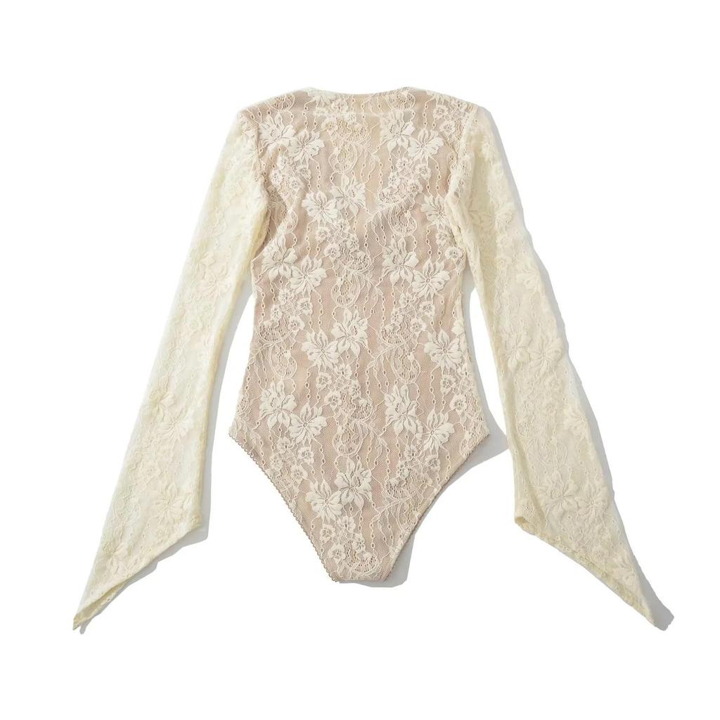 Pure Desire V-Neck Lace Patchwork Bodysuit with Bell Sleeves & High Waist Mesh Jumpsuit