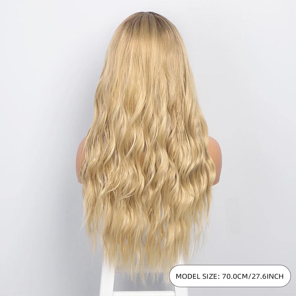 Women Synthetic Blond Brown Wigs Long Curly Wavy Wigs with Dark Roots Daily Cosplay Natural Fake Hair Heat Resistant Fiber