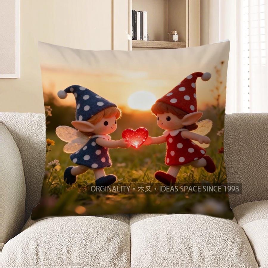 2D Cute Fairy Twins Exchange Heart Pillow Cover Pattern Cushion Cover Suitable For Sofa Bedroom Car Pillow Cover