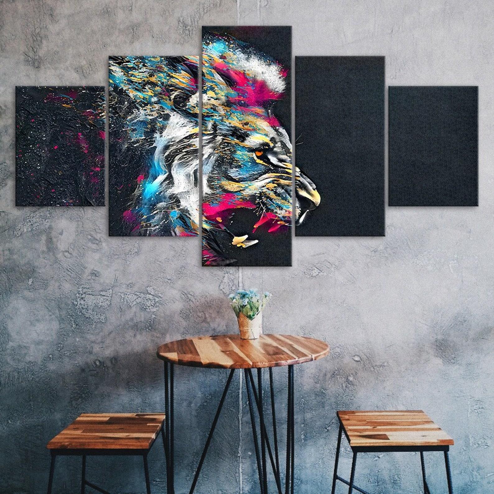 

Lion Face Roaring Colorful Abstract Animal 5 Piece Five Panel Wall Canvas Print Modern Art Poster Home Decor Gift For Him For Her 20X35 20X45 20X55CM