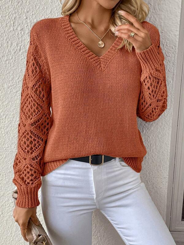 Spring and Autumn Knitted Sweater Foreign Trade Women's Clothing Temperament V-neck Hollow Long-sleeved Solid Color Casual Top