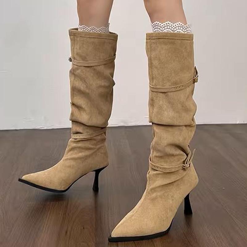 High Heels Women's High Boots Sexy Heeled Pointed Toe Shoes  Fashion Winter Suede Chelsea Boots Pumps New Mujer De Botas