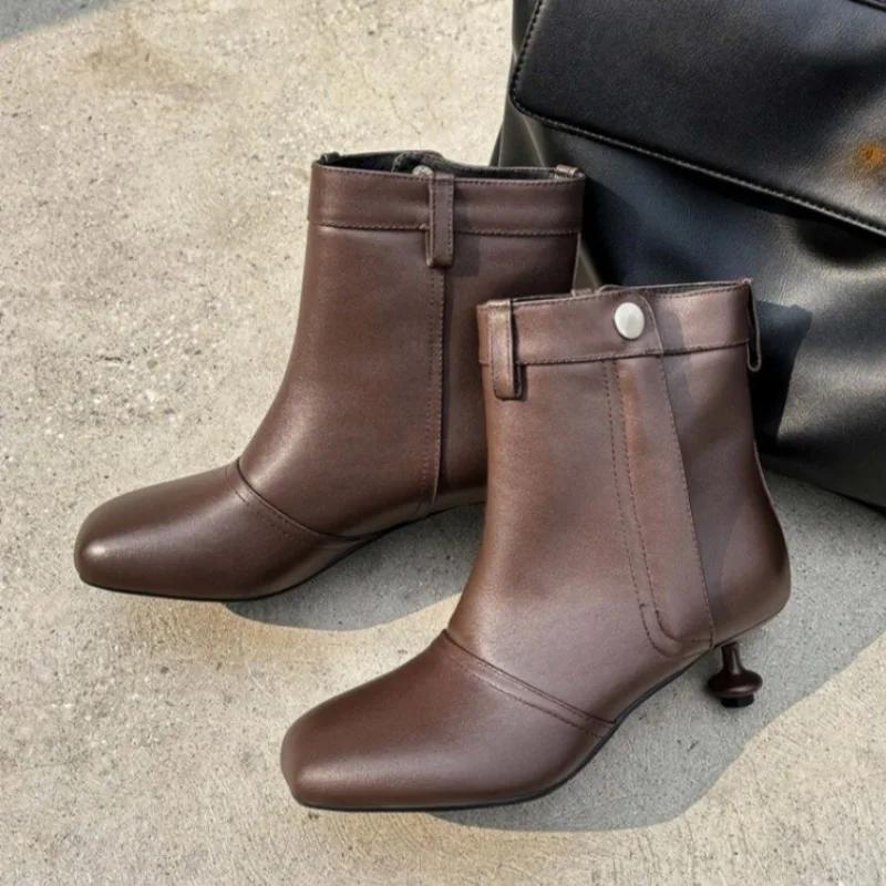 Fashion New Cowhide 5cm Irregular Low Heel Black Brown Short Boots Autumn Winter Fashion Short Plush Warm Ankle Women's Boots Size 40