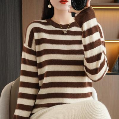 Women's Autumn and Winter Striped Base Layers, Sweaters, Knitwear, Warm Round Necks, Casual and Versatile