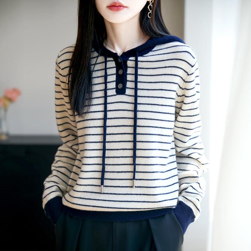 2025 Spring Slimming Striped Hooded Wool Sweater - Casual, Versatile Long-Sleeve Top for Spring and Autumn