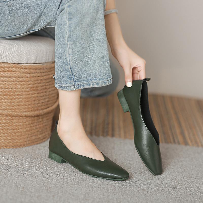 Fashion Womens Shoes Genuine Leather Soft Leather Thick Heel Single Shoes Womens Spring Low Heel Soft Sole Doudou Shoes Large Size 34-44