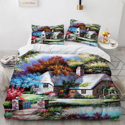 Hermoso Juego de Funda Nórdica para Pintura Tamaño King Queen Poliéster Juego de Cama para Niños Niños Niñas Cubierta de Edredón Patrón Casa Árbol