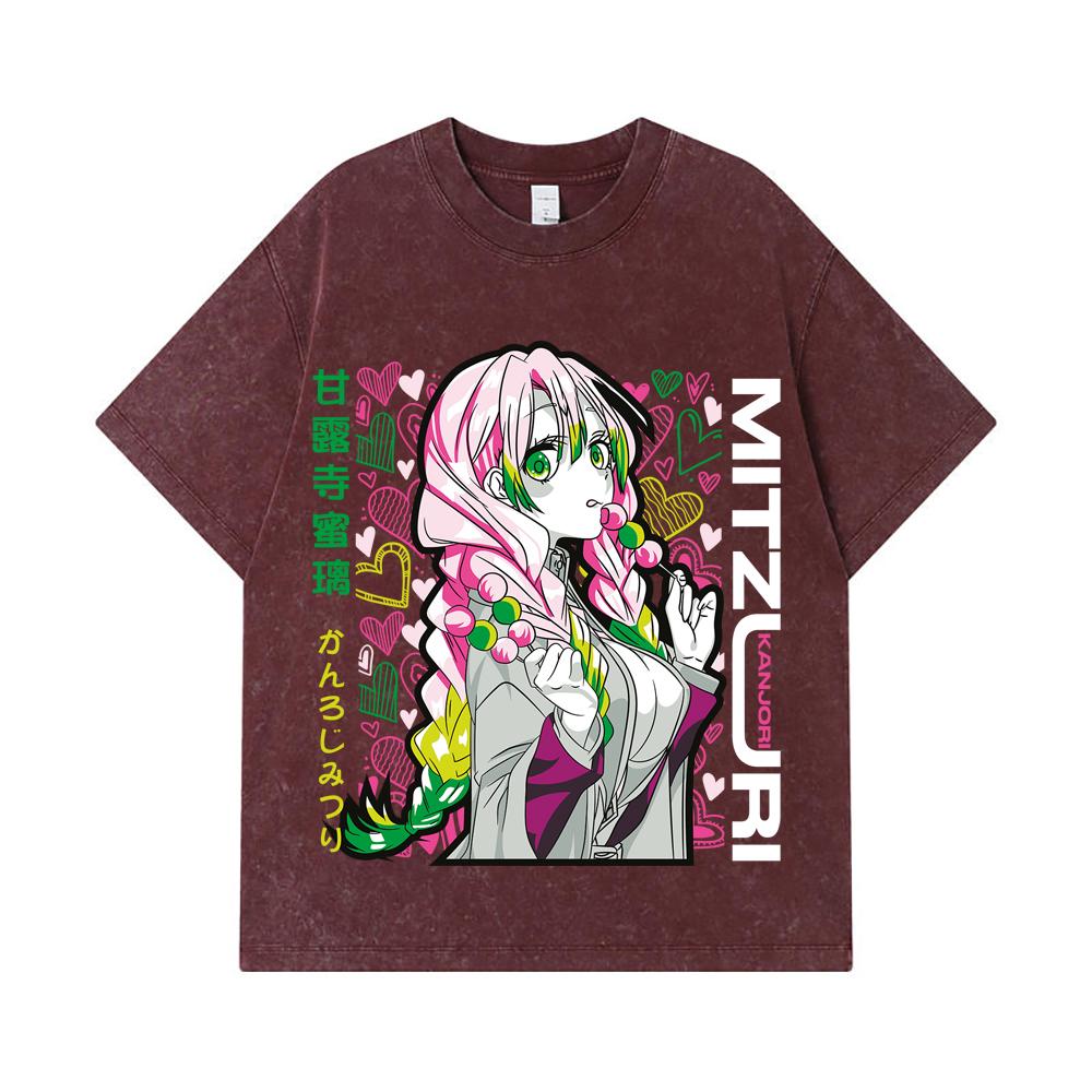 275 GSM Washed T-shirts 100% Cotton Demon Slayer V102 Mitsuri Print Unisex Heavy Cotton T Shirt