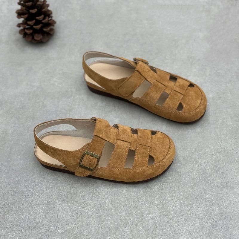 Johnature Sandalias planas de piel genuina tejida de punta redonda, retro de ante de vaca, versátiles, para mujer