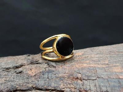 Round Black Onyx 925 Sterling Silver Yellow Gold Overlay Ring Jewelry