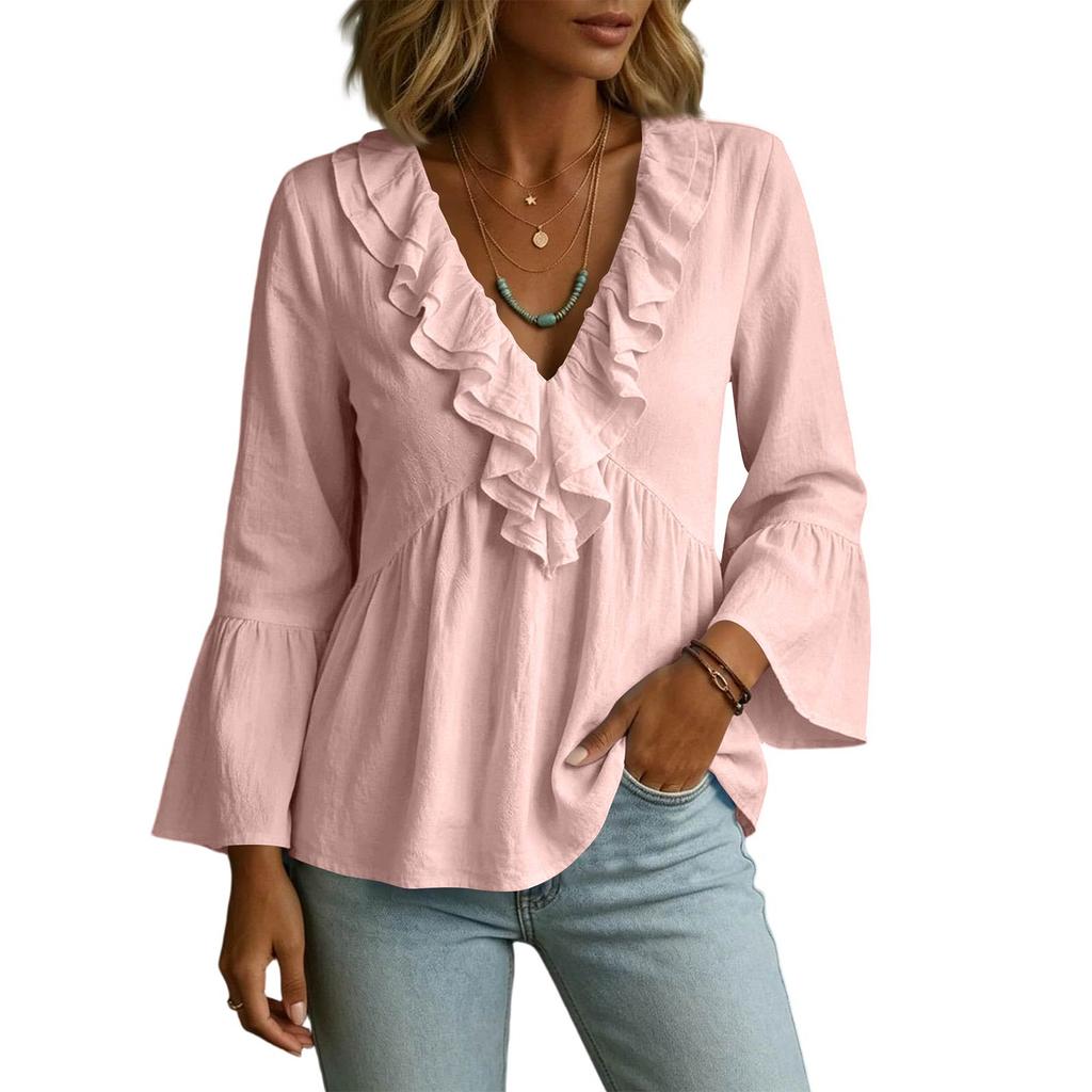 Women's Color V-Neck Ruffled Cotton-Linen Top for Casual Everyday Wear