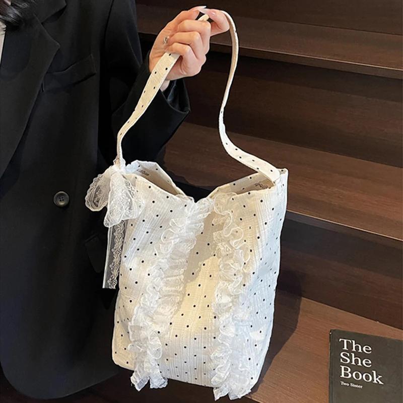 Sweet and Western Canvas Bag for Women Bucket Bag New Summer Style Wave Point Tote Large Capacity Versatile Single Shoulder
