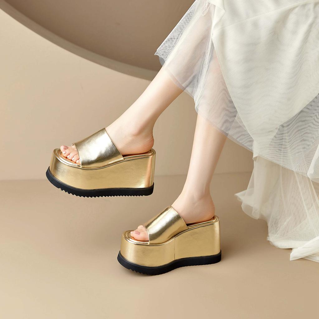 Fashion Krazing Pot Cow Leather Super High Wedges Casual Beach Slingback Mules Platform Summer Sandals Concise Luxury Outside Slippers