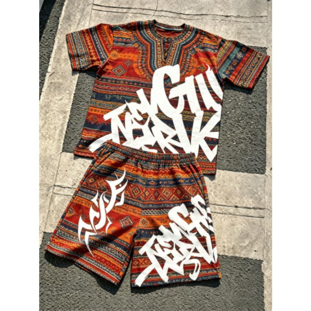 Fashion Bohemian Colors Letter Printed Street Women s T-shirt and Shorts 2 Piece Set Summer Home Casual Outfit Men s and Women s Sports Set XXS