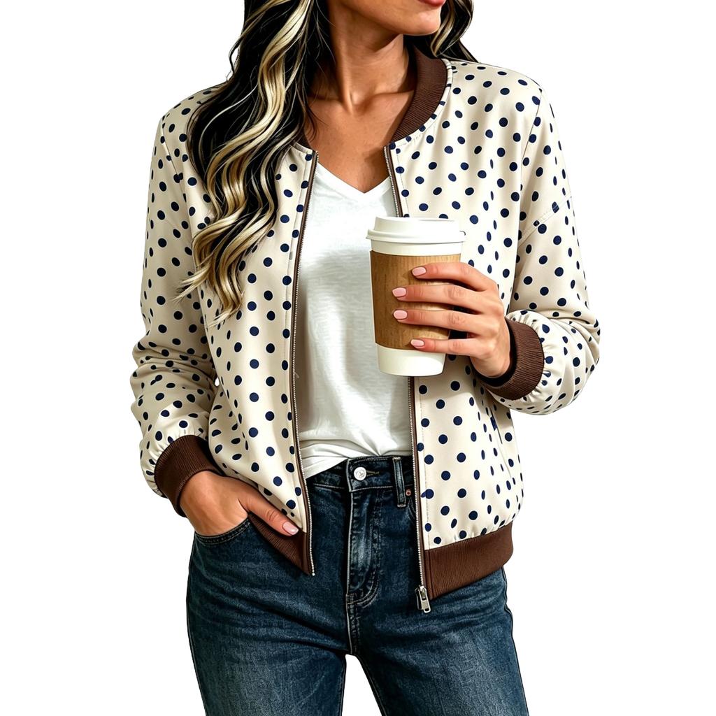 Women's Loose Fit Casual Zip-Up Jacket, Fashion Printed Short Coat for Fall and Winter