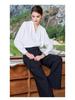 Stylish Long-Sleeve French White Top with Wide-Leg Pants Two-Piece Set for Women