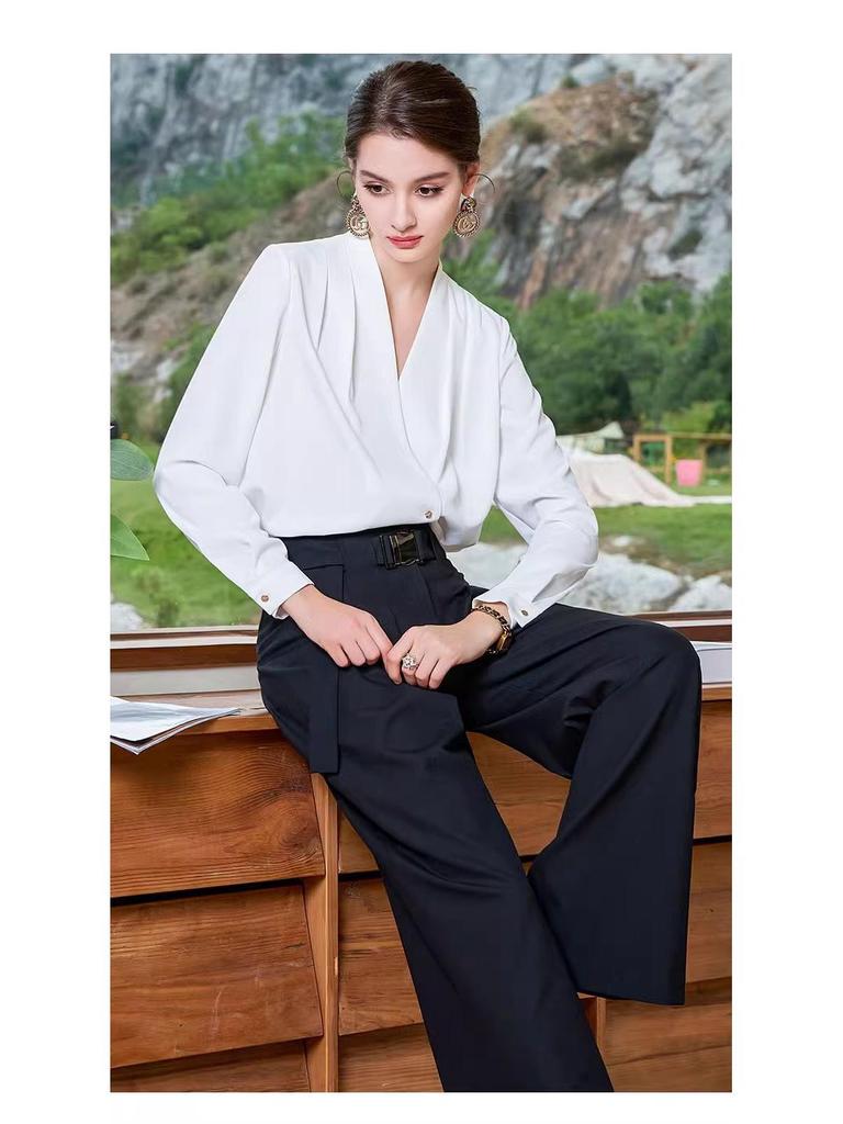 Stylish Long-Sleeve French White Top with Wide-Leg Pants Two-Piece Set for Women