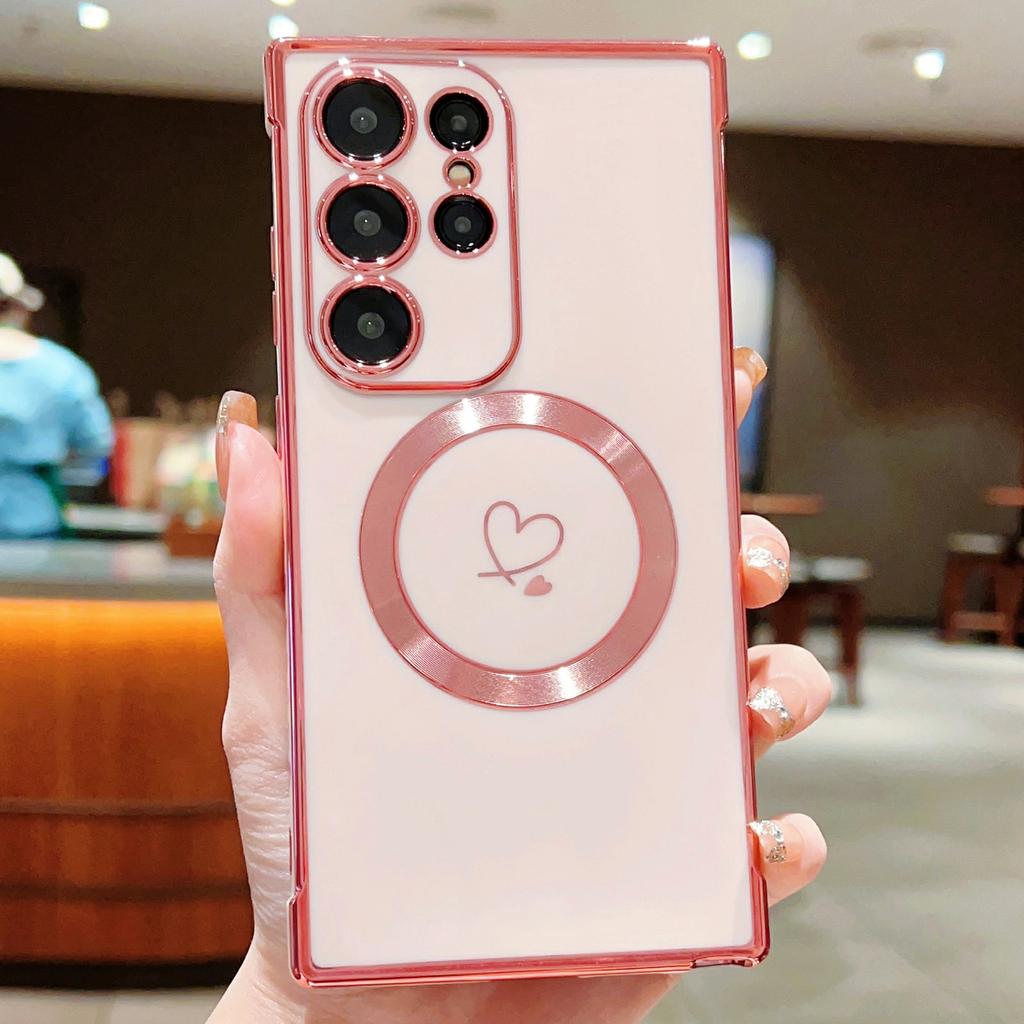 For Samsung Galaxy S26 Ultra Magnetic Case Electroplated TPU Phone Cover Hollow Love Hearts