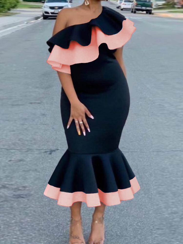 

Облегающие платья русалки, женские платья с открытыми плечами и оборками, черные контрастные цвета миди, элегантные африканские платья для вечеринки, дня рождения XL розовый